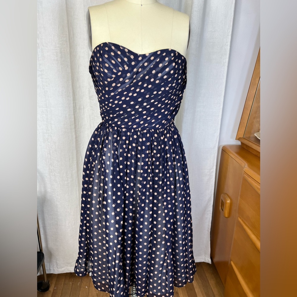 Unique Vintage Navy Blue Strapless Polka Dot Pinup Dress